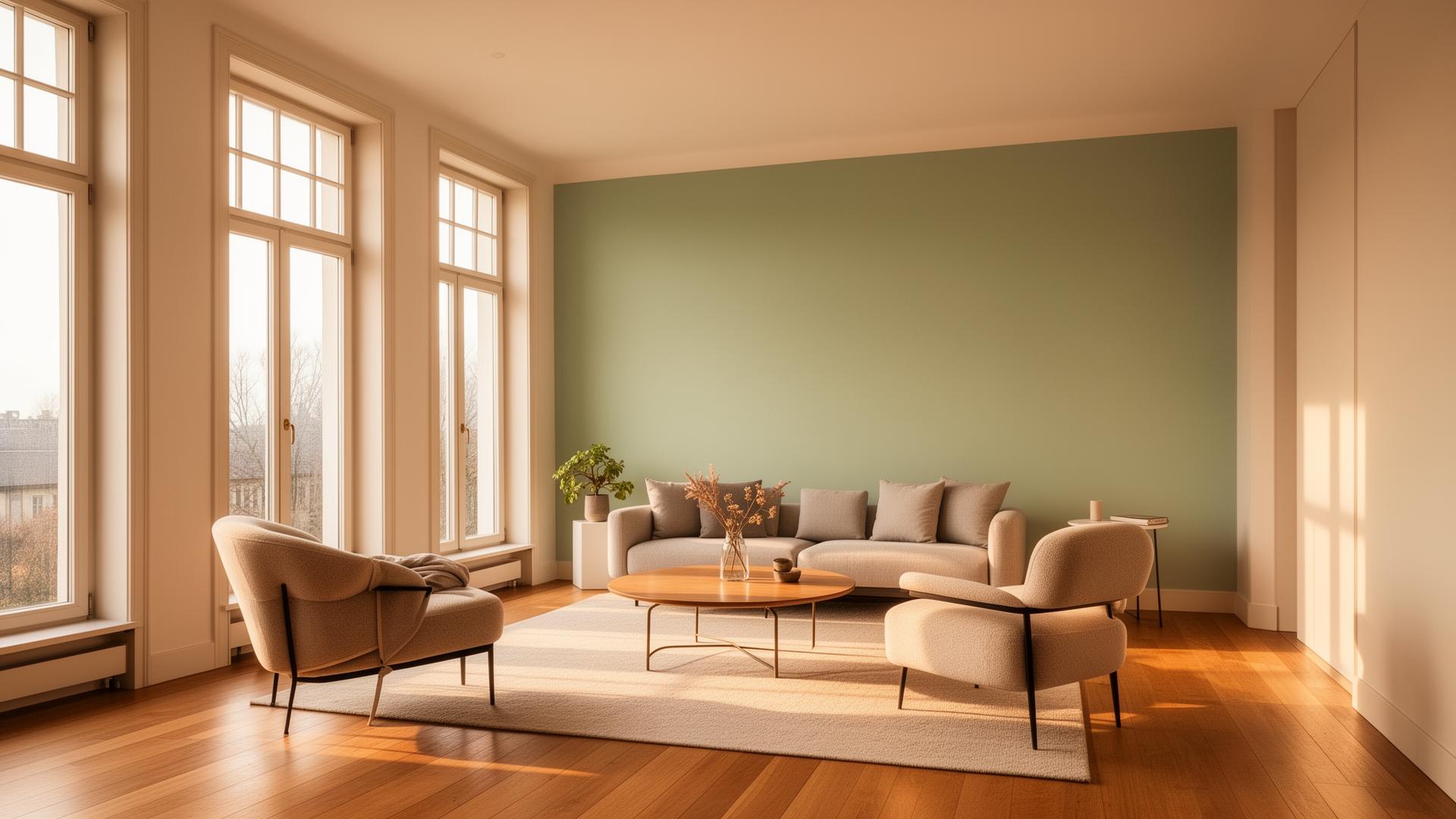 Freshly painted modern living room with a sage accent wall